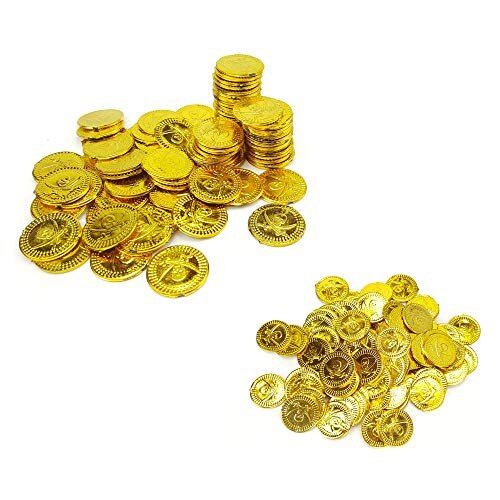 120 Pieces Kids Pirate Gold Coins Fake Treasure Chest Coins - Fancy Dress, Pretend Play Money Toy, Stocking Fillers - 10 Packs of 12 Coins p